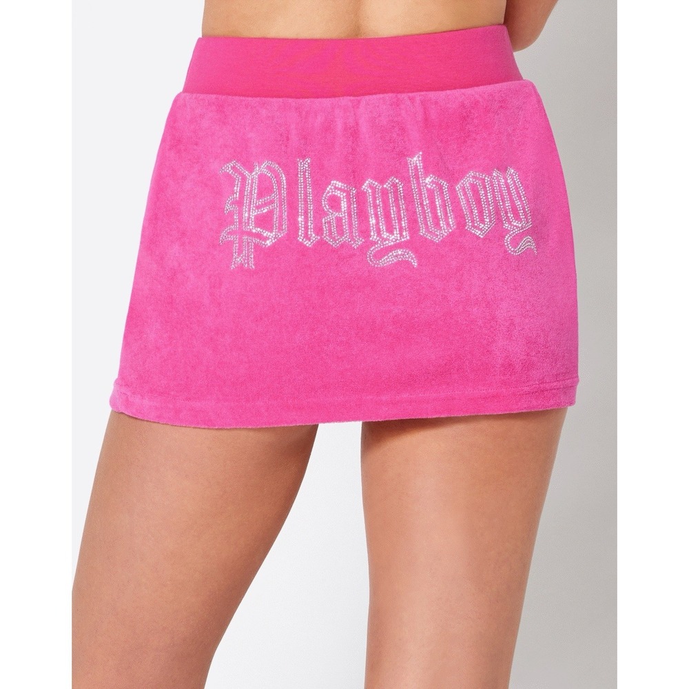 Playboy Pink Terry Cloth Kangaroo Pocket Drawstring Rhinestone Mini‎ Skirt SZ M